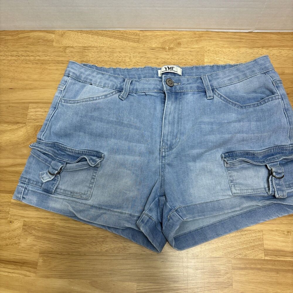 Y2K YMI Light Blue Woman Jean Short Shorts Size 11 Button Zip Pockets Stretch